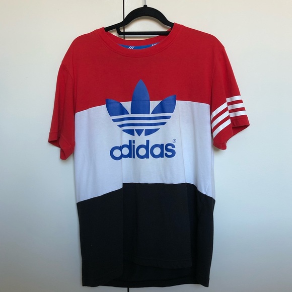 white adidas shirt with red logo